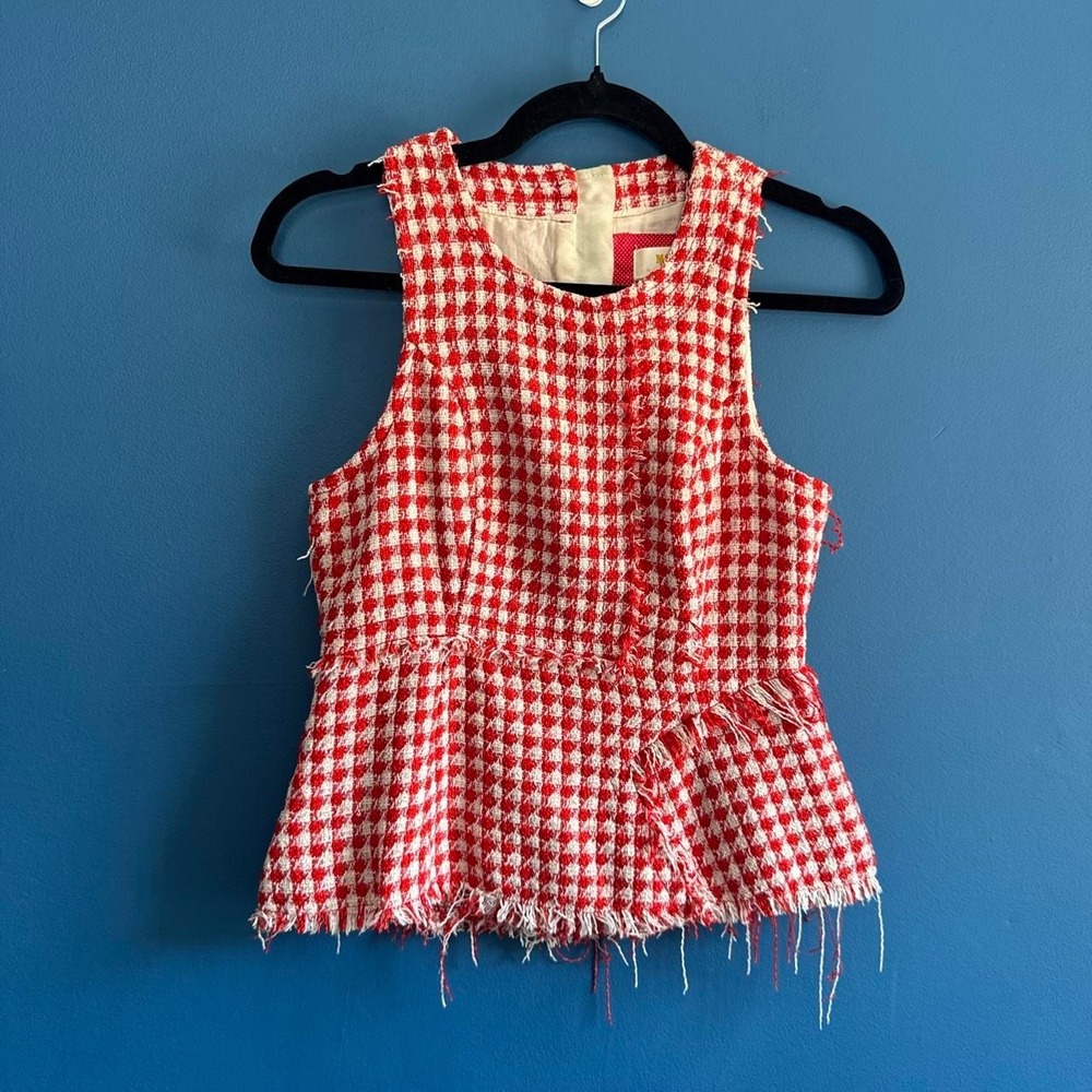 Maeve Gingham Tweed Peplum Top Women's Size 0 Anthropologie Red White Fray Prep